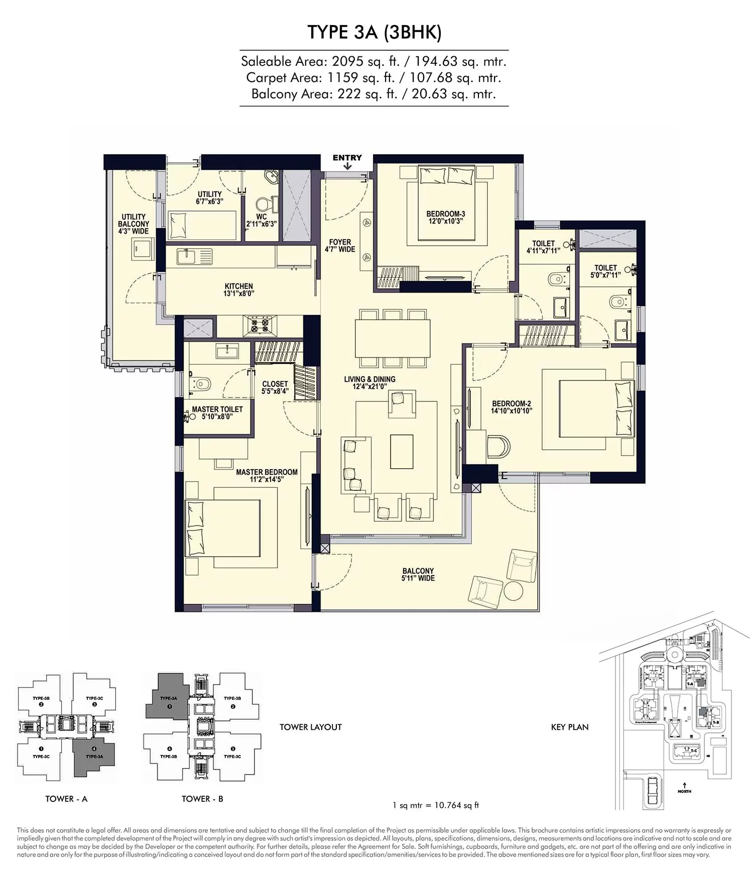 Conscient Elevate 2,095 Sq.Ft. 3-BHK plus servant floor plan