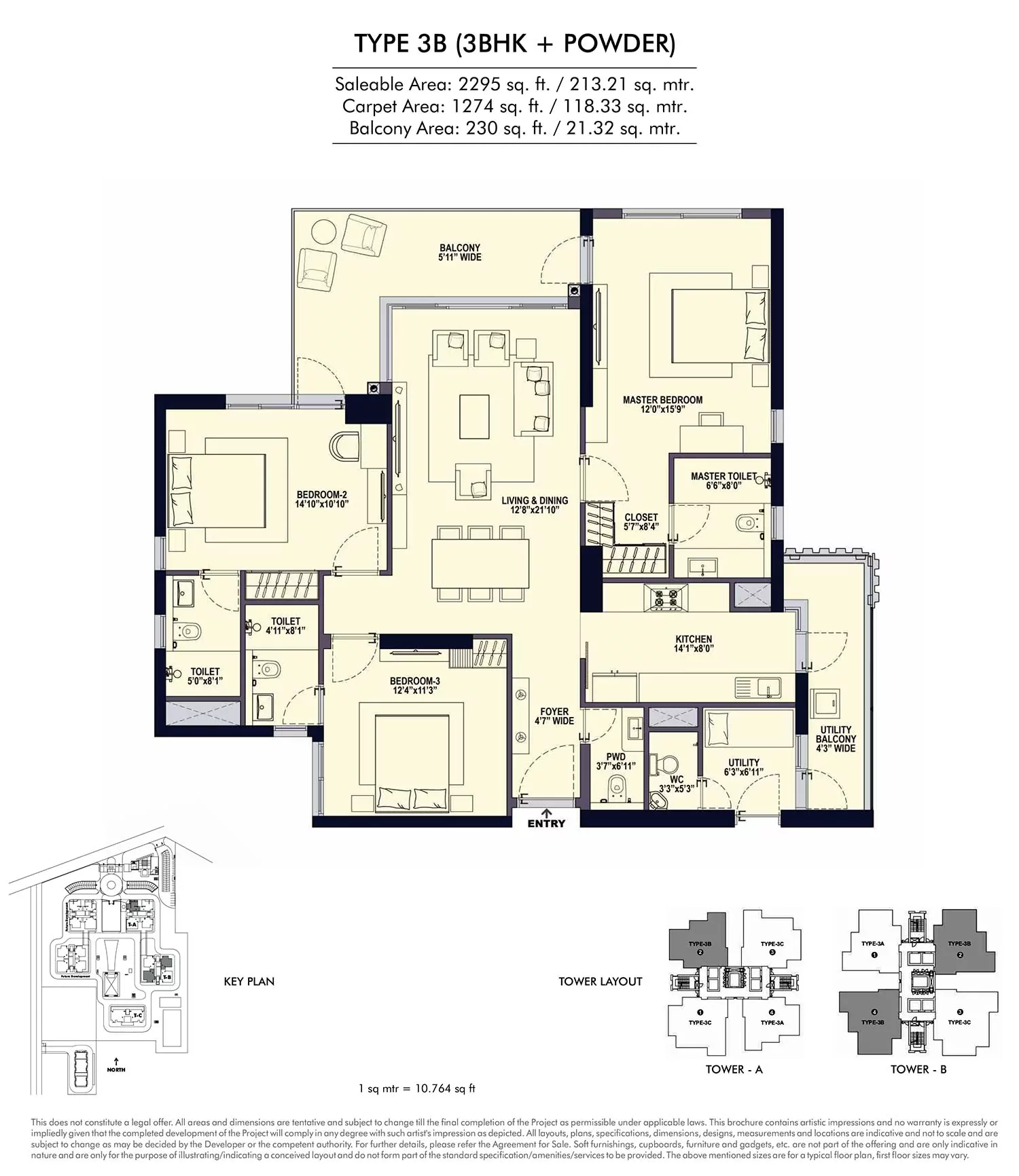 Conscient Elevate 2,295 Sq.Ft. 3-BHK plus servant floor plan