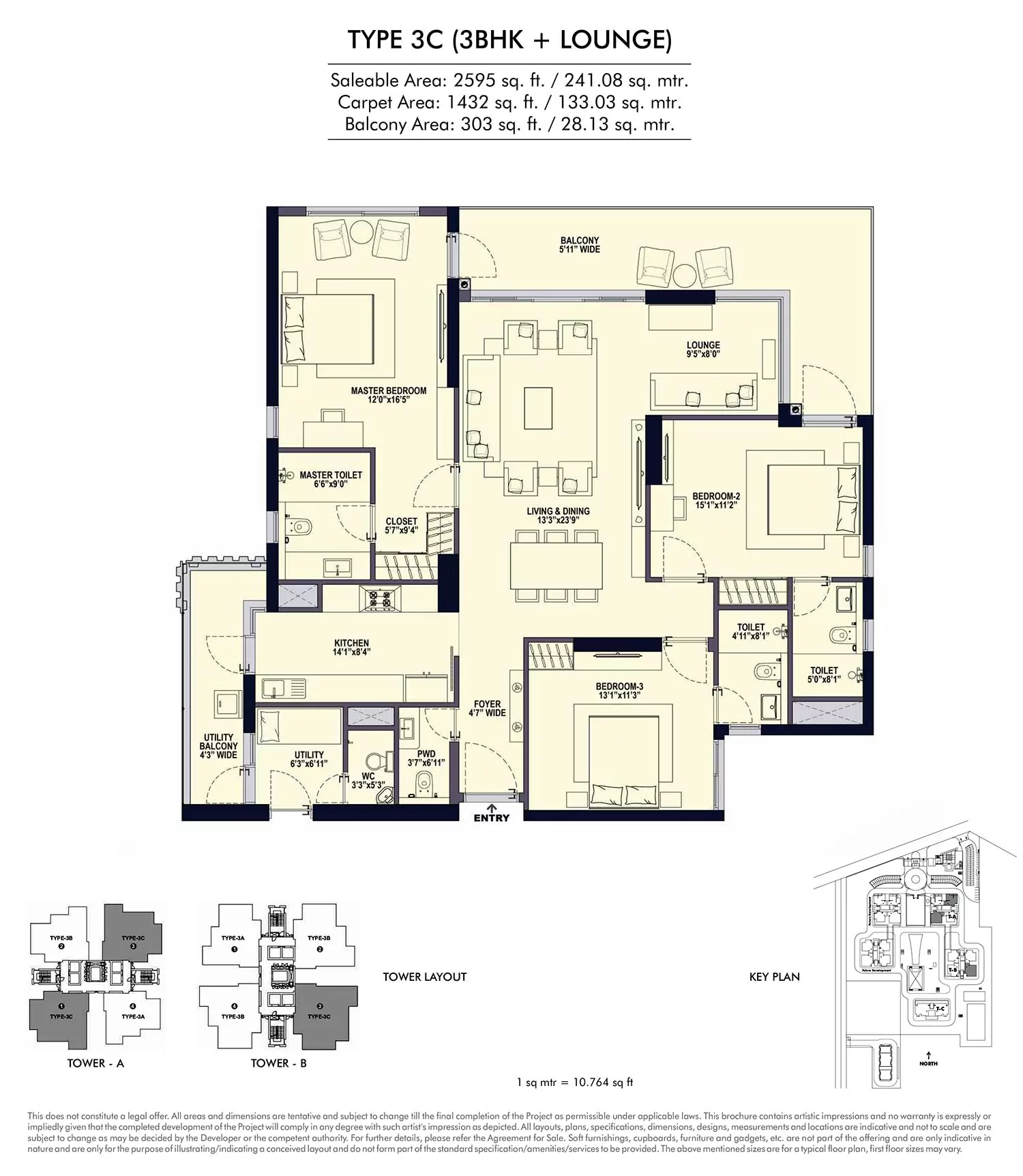 Conscient Elevate 2,595 Sq.Ft. 3-BHK plus servant and lounge floor plan