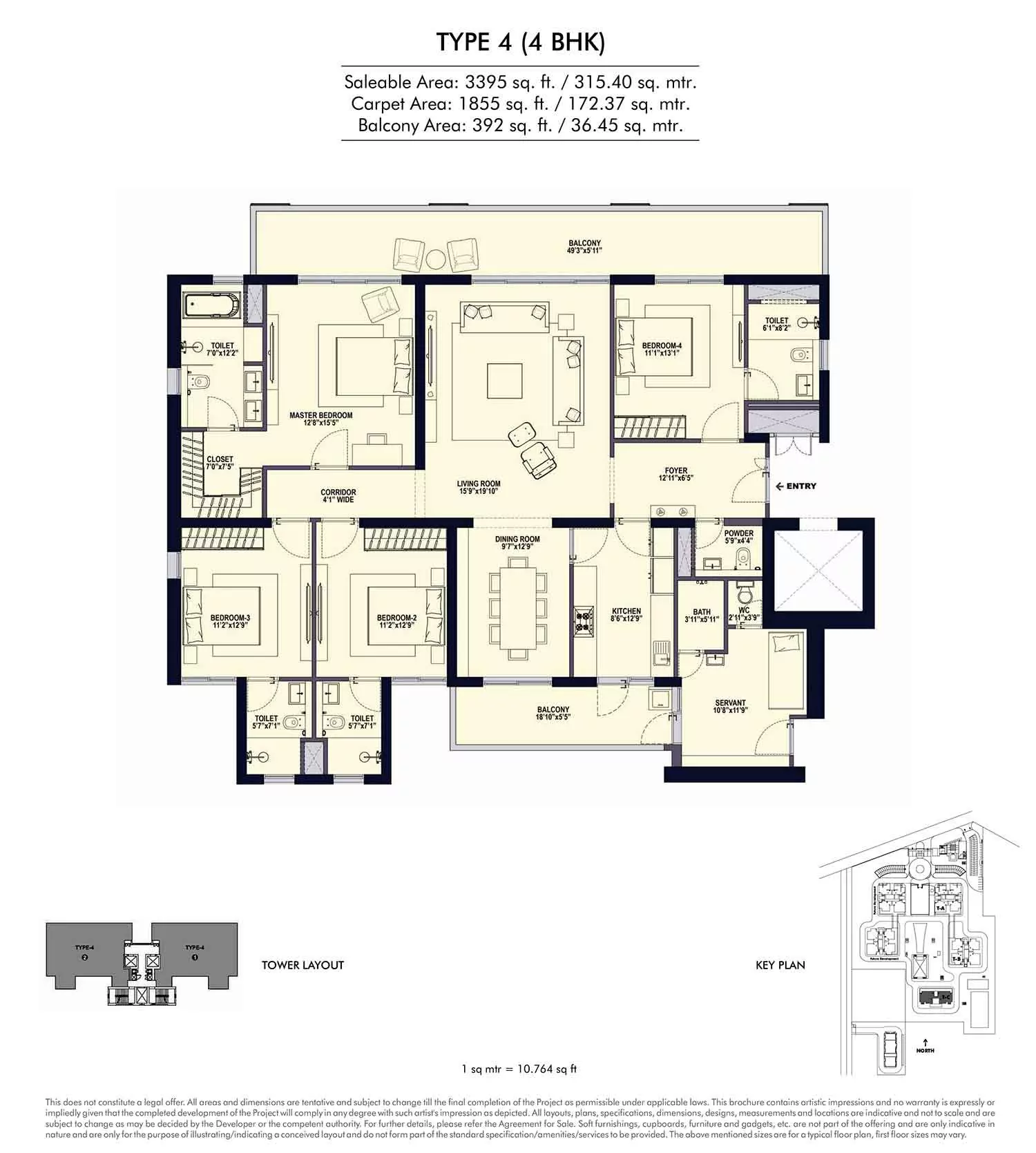 Conscient Elevate 3,395 Sq.Ft. 4-BHK plus servant and lounge floor plan