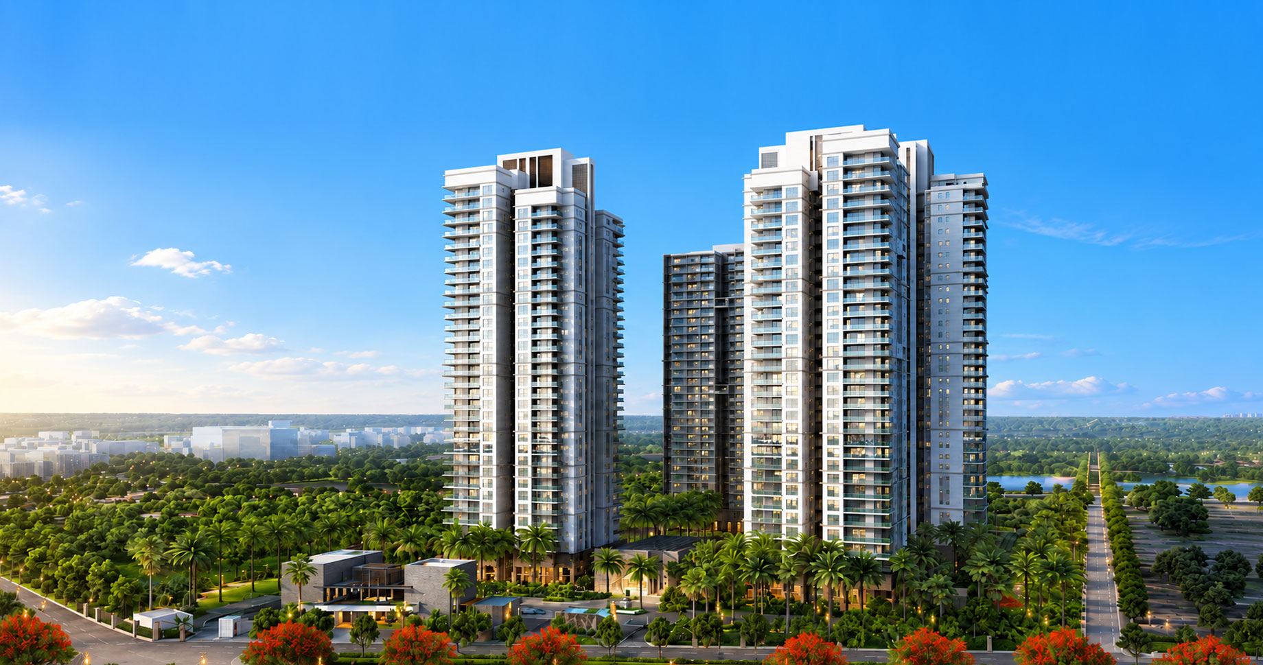 Conscient residential towers surrounded by landscaped greenery